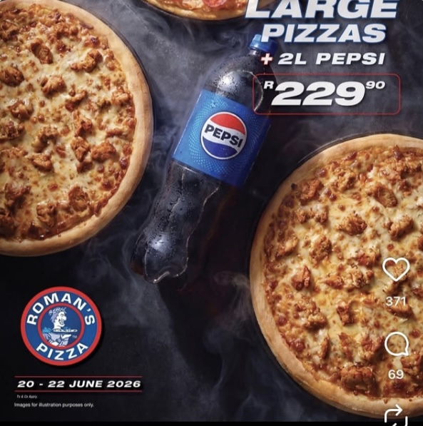 2 Large Pizzas + 2L Pepsi R229.90